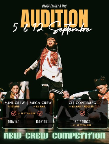 Danza Family dance crew audition flyer for hip hop and contemporary competition teams in September.