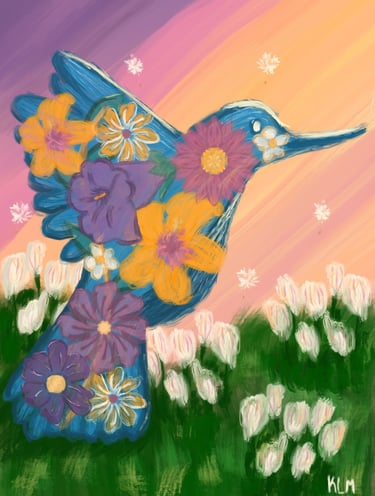 a painting of a hummingbird in a field with overlays of bright florals