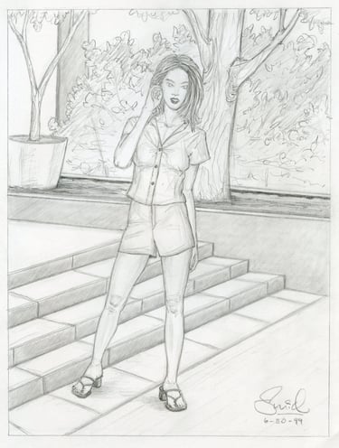 Stair Mistress; BW pencil drawing, woman with stairs
