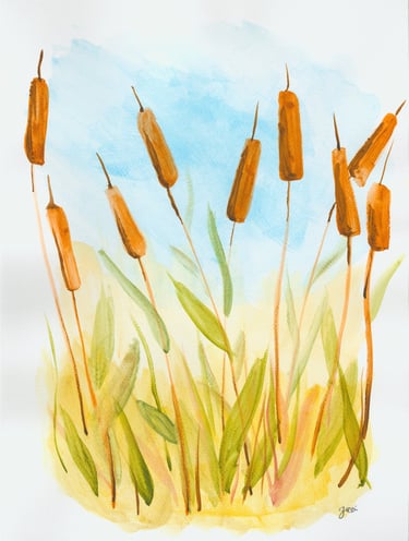 a watercolor painting of cattails in the grass