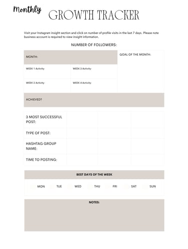 Monthly social media growth tracker template for Instagram followers and engagement metrics.
