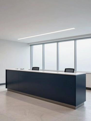Wide architectural shot of a pristine medical office reception area in Albuquerque, clean lines, cool window light, 35mm.