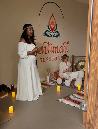 Sentiment Sessions owner leads discussion at spa event.