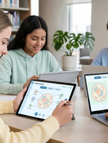 Aplicación educativa con interfaz clara y elementos interactivos para estudiantes.