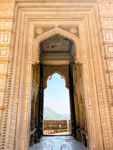 Inside view of Hathi Pol, Garh Palace Bundi — the grand elephant gate seen from within the fort.