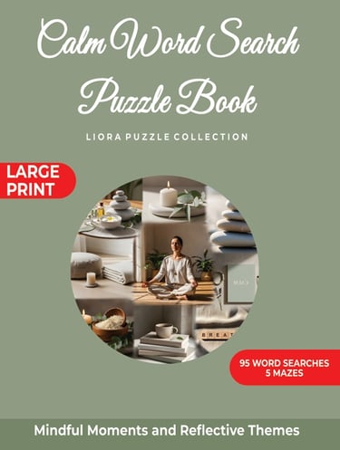 Calm Word Search Puzzle Book cover featuring a serene meditation scene with candles and stones.