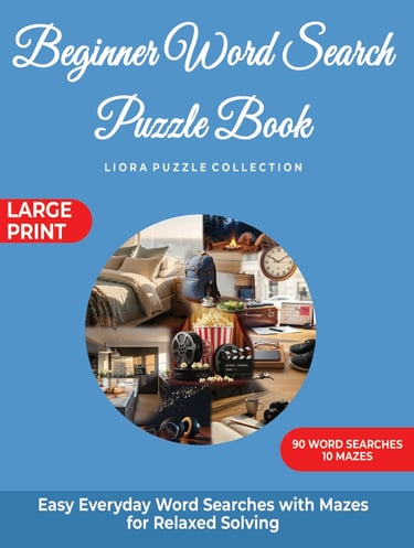 Beginner Word Search Puzzle Book cover featuring illustrated everyday items.