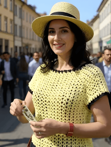 Pull  Sunshine fait main au crochet coton jaune pâle à manches courtes T 38/40