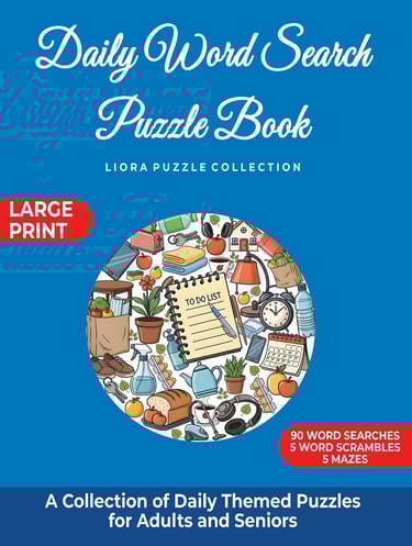 Daily Word Search Puzzle Book cover featuring illustrated everyday items and a to-do list.
