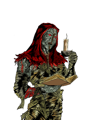 Portrait of Sugrom Haki, the ancient mummy librarian and horror host of Memoirs of a Monster Society