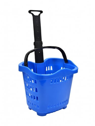 canasto con ruedas de 55 litros azul con manillar telescópico para supermercado