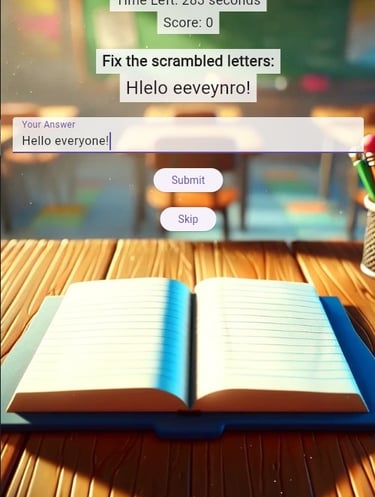 The gameplay screen of an educational app. Scrambled letters are presented. Unscrambled text has been entered as a solution.