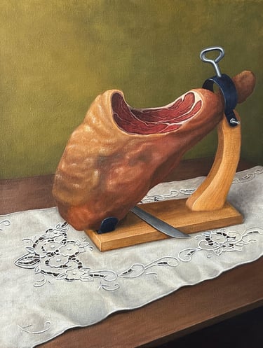 a painting of a leg of ham and a knife on a table with an embroidered antique white tablecloth