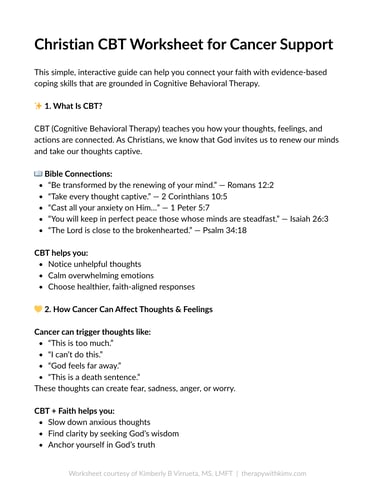 Christian counseling resources CBT worksheet for cancer support