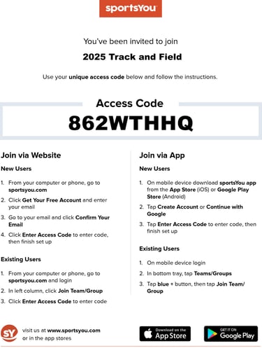 SportsYou access codes for 2025 Track and Field 862WTHHQ