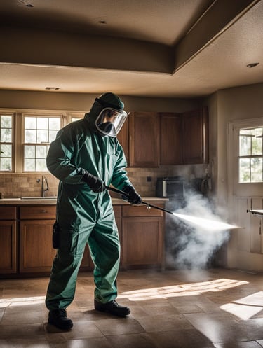 a man in a green coveralluit and a gas mask