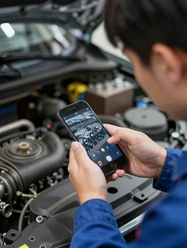 Mechanic performing professional car diagnostics using a digital tablet inside a modern vehicle.