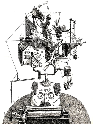 Humorous Rube Goldberg machine illustration showing inventive problem solving by Daryl Urig