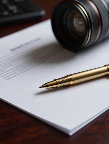 Macro shot of a forensic financial document on a dark mahogany desk, sharp gold pen resting on the page, dramatic low-key lighting, deep navy shadows, 35mm lens.