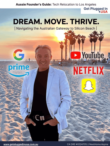 Craig Rosie Rosevear, LA relocation expert, on Santa Monica beach with logos for Google, Amazon, and