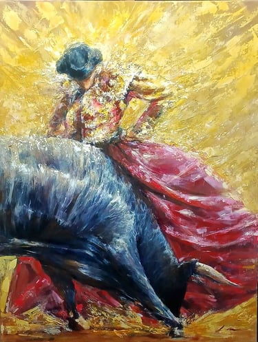 Cuadro artístico al óleo de un toro bravo embistiendo la muleta roja bajo una luz dorada intensa y pinceladas vibrantes.