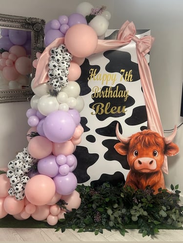 Cow themed birthday balloon display for children’s party in Liverpool