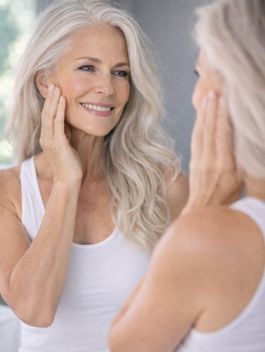 Woman over 40 smiling and reflecting on her wellness with Vitality180