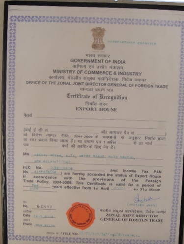 Certificate of Recognition as Export House by Govt of India