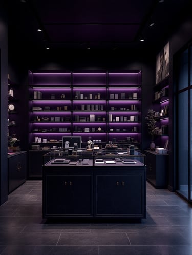 a kitchen with a purple kitchen island and a purple kitchen island
