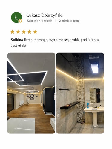 Modern interior lighting installation featuring geometric LED ceiling lights and bathroom accent strips.