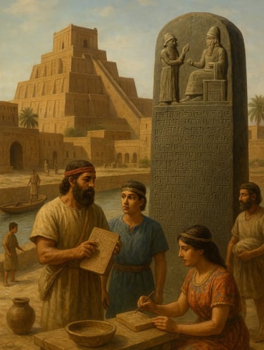 Ancient Mesopotamia ziggurat and scribes writing cuneiform.