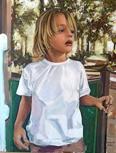 a painting of a young girl in a white t - shirt