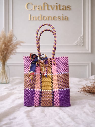 Tas anyaman plastik motif batik ungu kuning pink handmade Craftvitas Indonesia