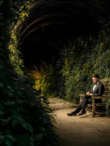 Groom sitting on a wooden bench in a vine-covered tunnel, captured by Fred Art Studio.