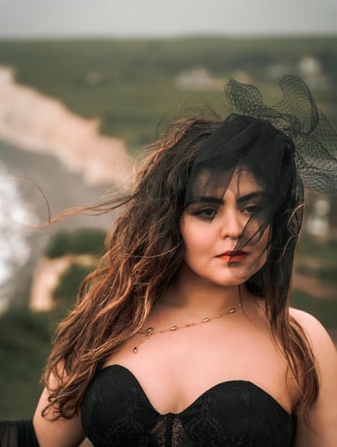 Woman in black dress posing outdoors – creative portrait photography in Kent by Fred Art Studio