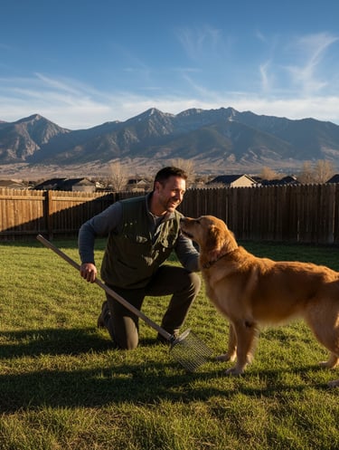 poop scooper man greeting golden retriever dog with wasatch mountains in background clean grass