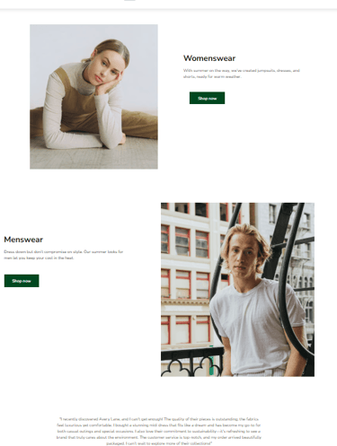 A retail website displaying trendy womenswear and menswear collections for the summer season.