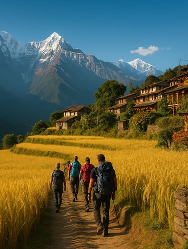 Trekkers passing through golden Himalayan fields during Tihar festival in autumn.