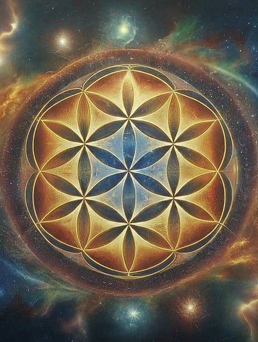 A vibrant illustration of the Flower of Life symbol, with overlapping circles in various colors.