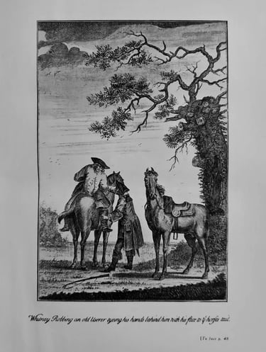 Vintage black and white illustration of Whitney robbing an old usurer on horseback under a tree.