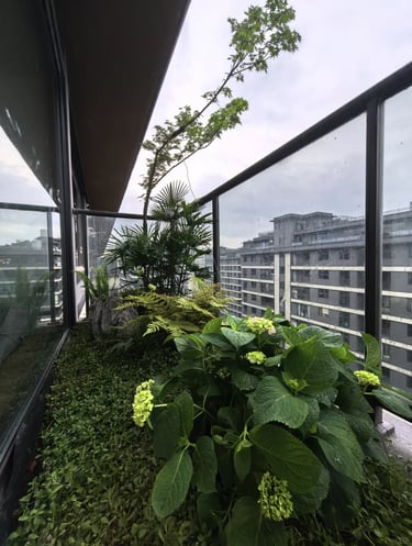 Cozy balcony with warm ambient lighting and natural wooden textures, inspired by warm European outdoor living