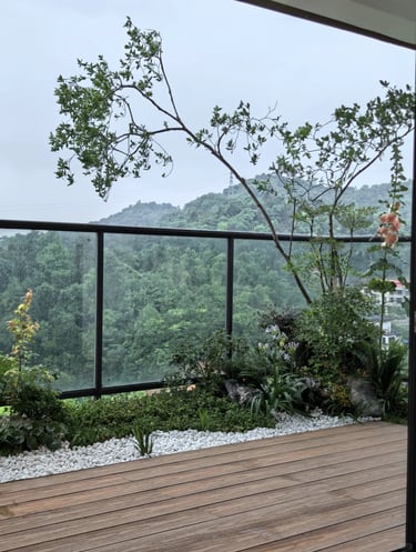 Cozy balcony with warm ambient lighting and natural wooden textures, inspired by warm European outdoor living