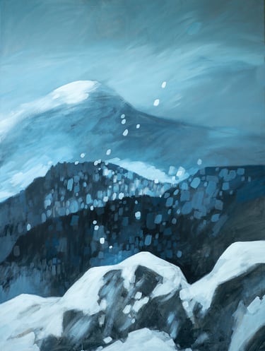 a painting of a mountain scene with a mountain in the background