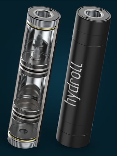Dwukomorowy hydroakumulator firmy hydroll na ciemnoniebieskim tle
