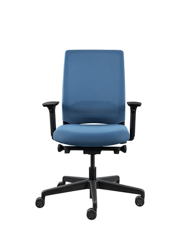 Blue ergonomic office task chair with adjustable armrests and caster wheels, front view.