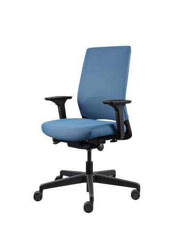 Modern blue office chair with ergonomic back support and swivel base, angled view.