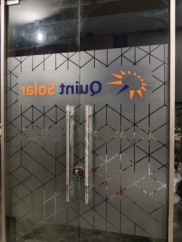Sticker sandblast custom ruko Quint Solar, Devant, Kota Wisata karya Angel Family Laser.