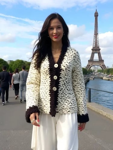 Gilet Chamoisy beige au crochet motif floral, larges boutons et bordure foncée