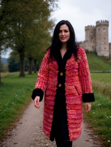 Manteau Châtelaine fait main au crochet rouge éclatant avec détails noirs