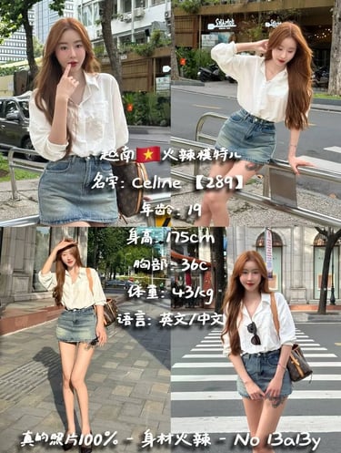 A stylish young woman poses outdoors in a white button-down shirt and denim mini skirt.